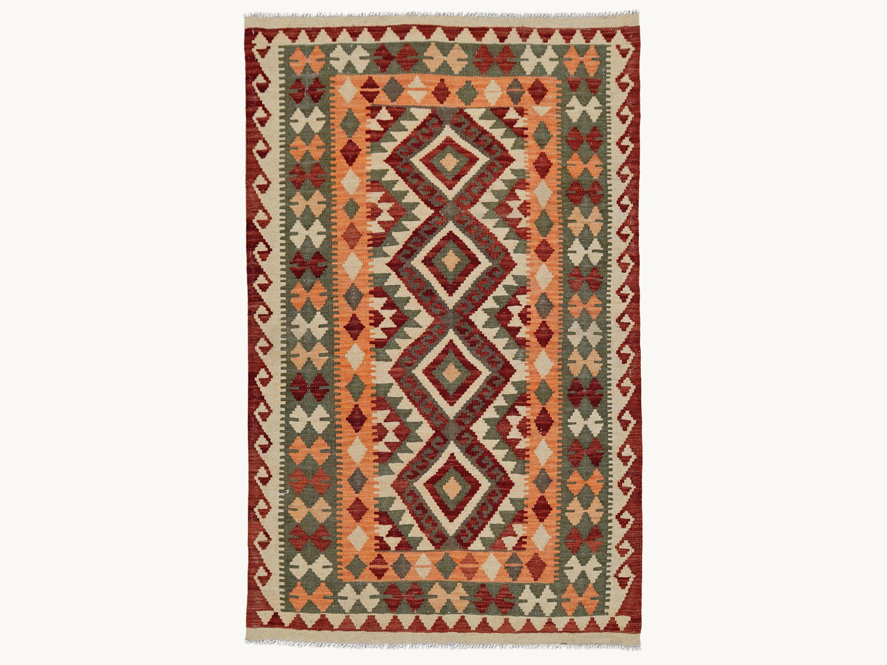 3x5 Terracotta Kilim Rug, Orange Rust Afghan Wool Flatweave Area Rug, Handwoven Veggie Dye Southwestern Diamond Bedroom Decor