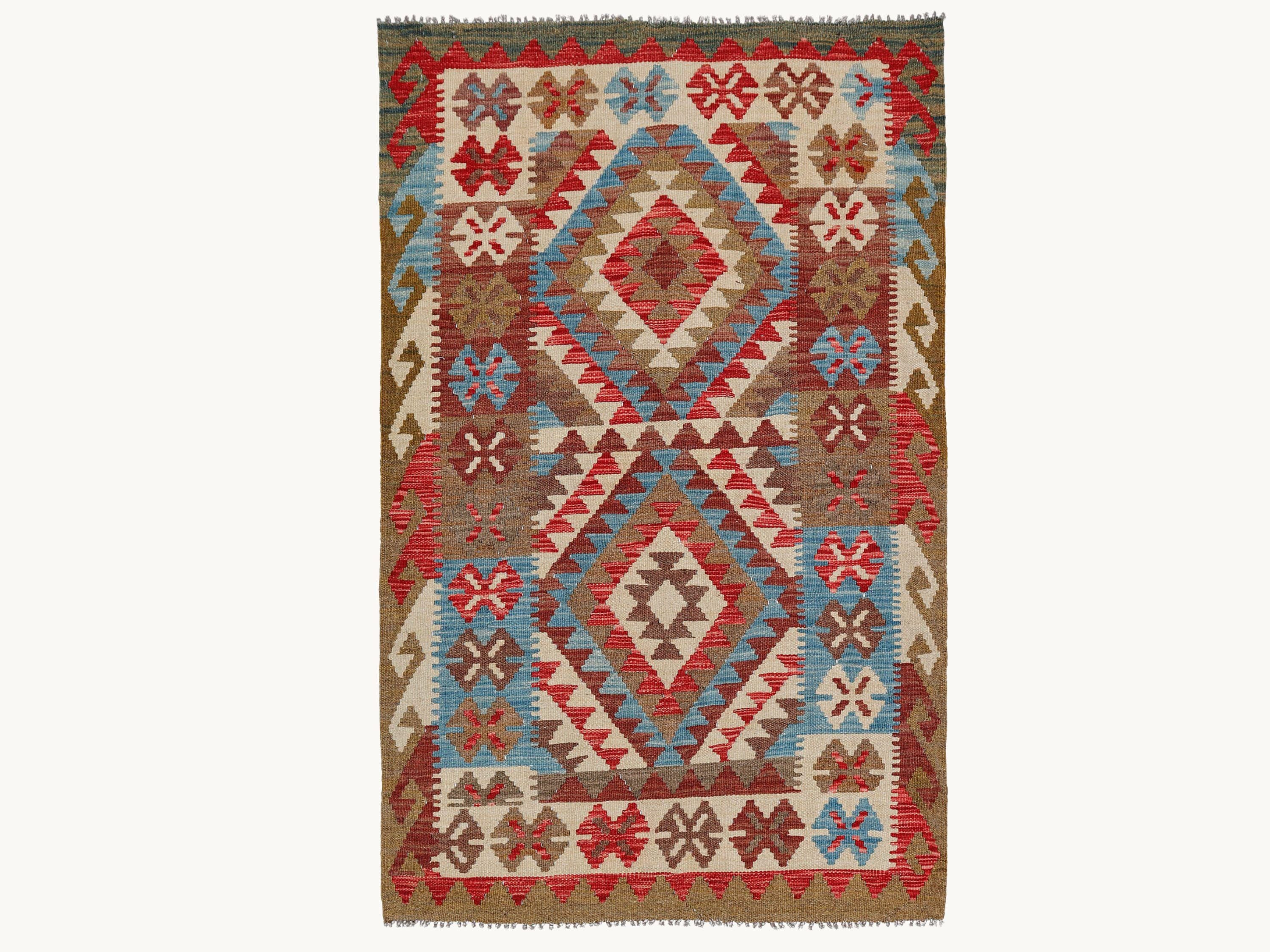 Afghan kilim rug for living room, red sky blue wool flatweave area rug 3x5, handwoven veggie dye tribal diamond accent rug