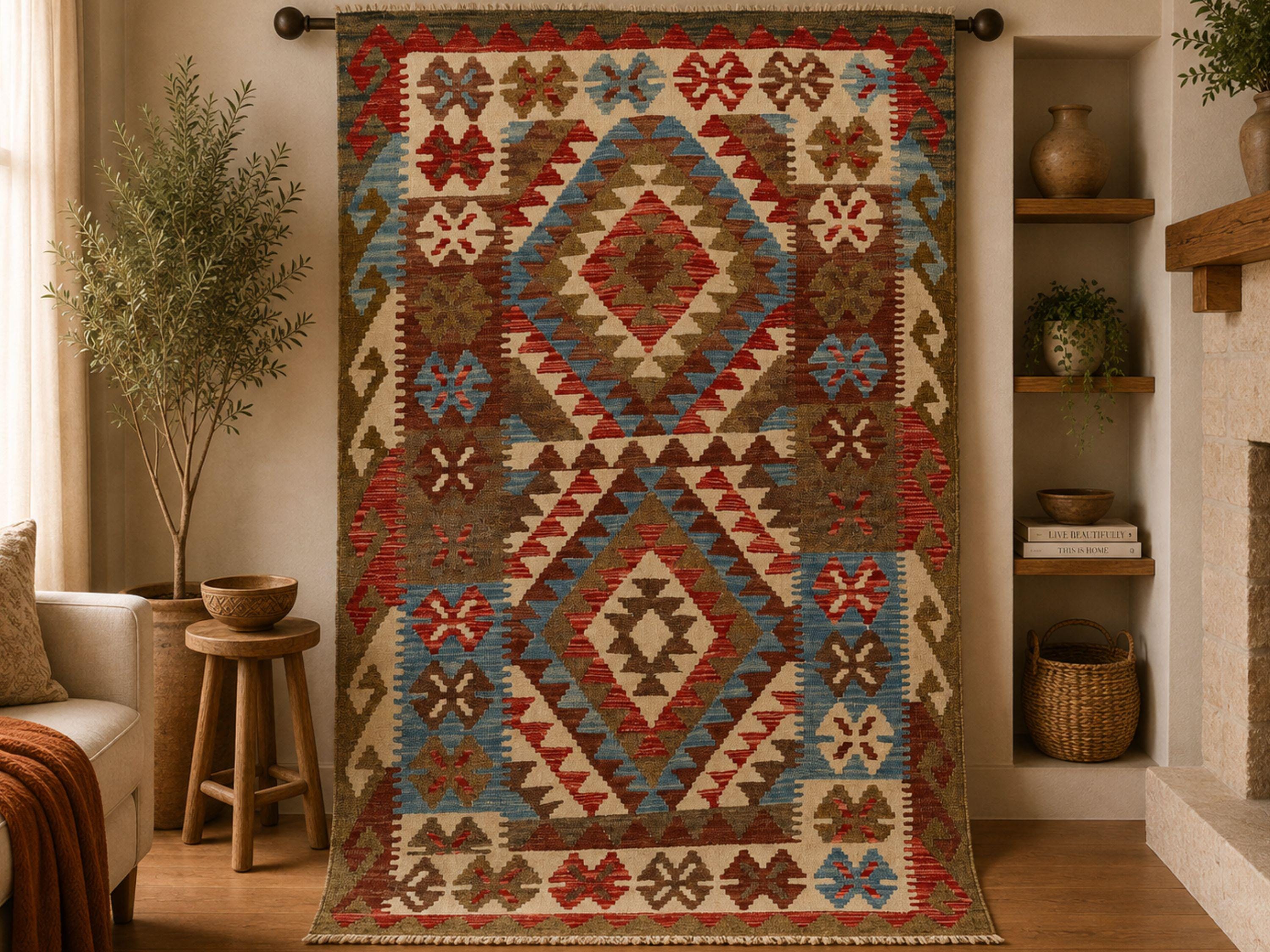 Afghan kilim rug for living room, red sky blue wool flatweave area rug 3x5, handwoven veggie dye tribal diamond accent rug