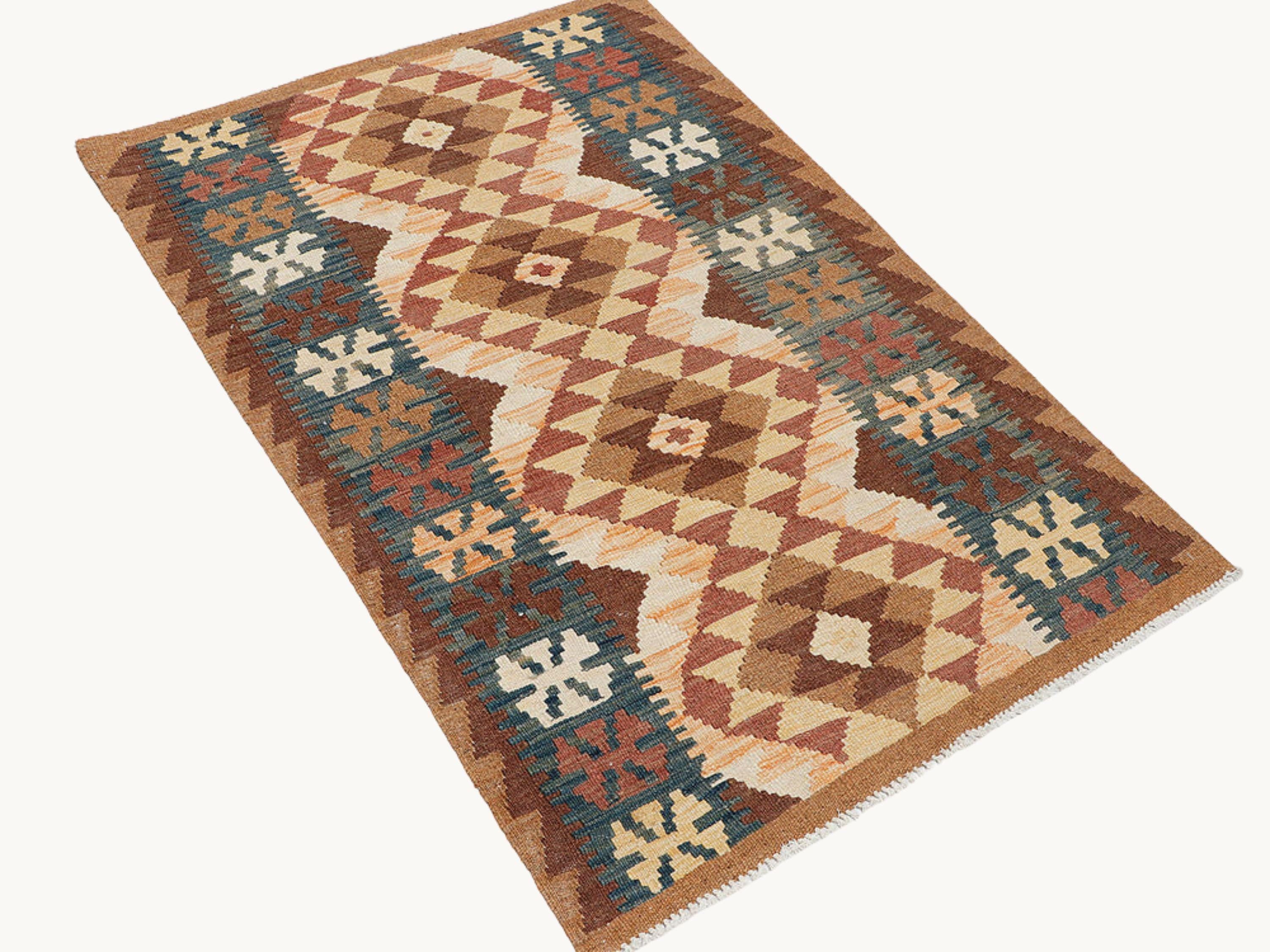 3x5 Brown Kilim Rug, Camel Cream Afghan Wool Flatweave Area Rug, Handwoven Veggie Dye Neutral Tribal Diamond Bedroom Decor