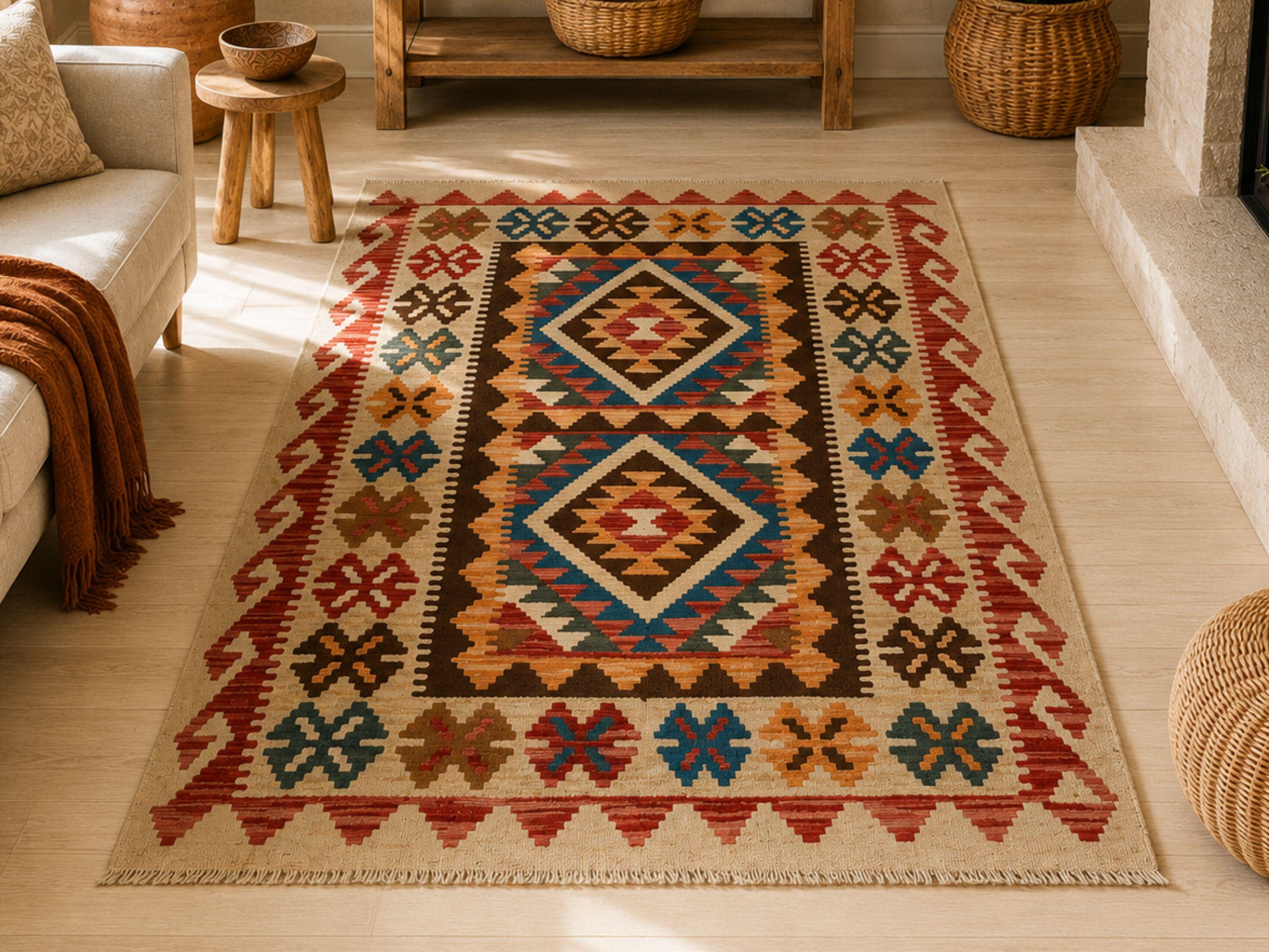 3x5 Blue Gold Kilim Rug, Teal Orange Afghan Wool Flatweave Area Rug, Handwoven Veggie Dye Tribal Medallion Bedroom Decor