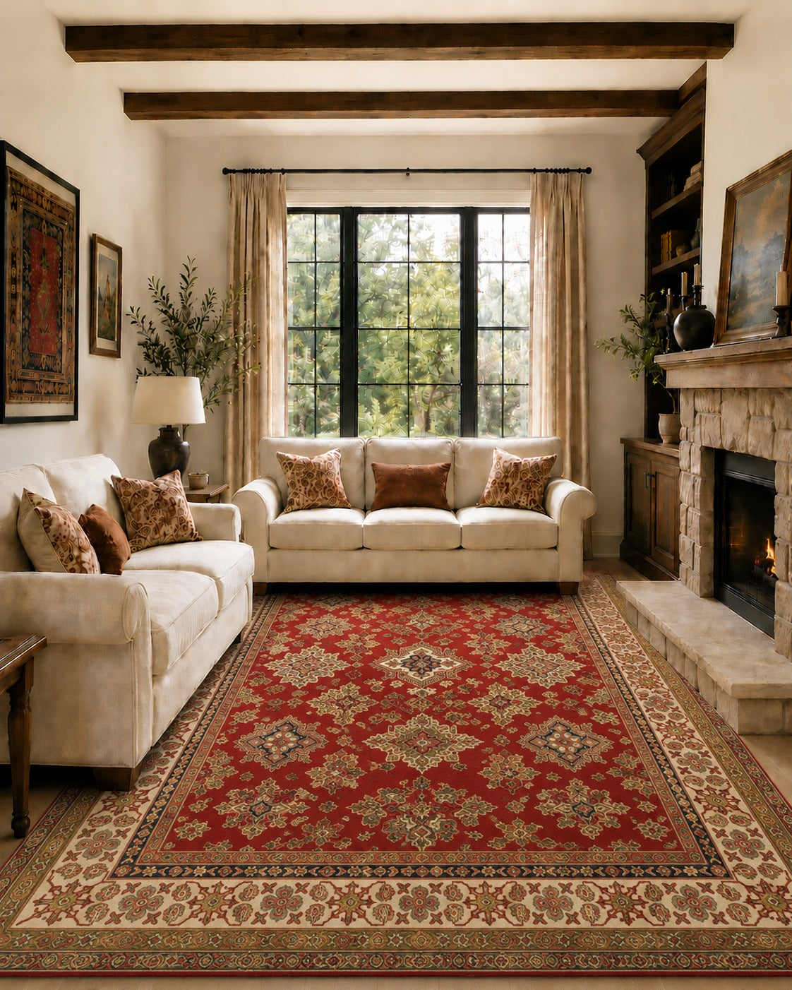 Living room styled with the 2x3 Blue Afghan War Rug, Wool Tribal Military Wall Hanging handmade area rug from QRugs