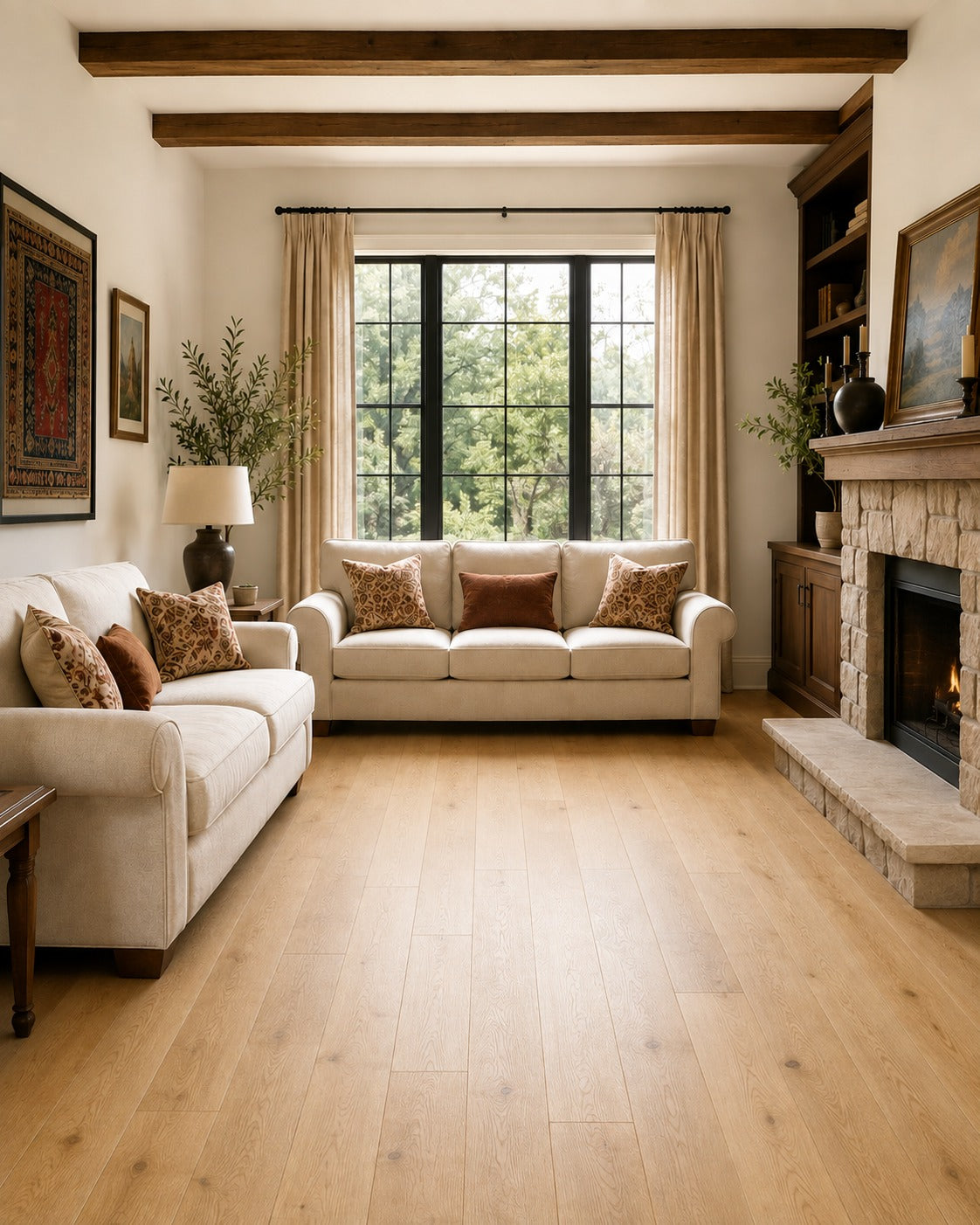 Living room with a bare hardwood floor before adding the 2x3 Blue Afghan War Rug, Wool Tribal Military Wall Hanging handmade rug